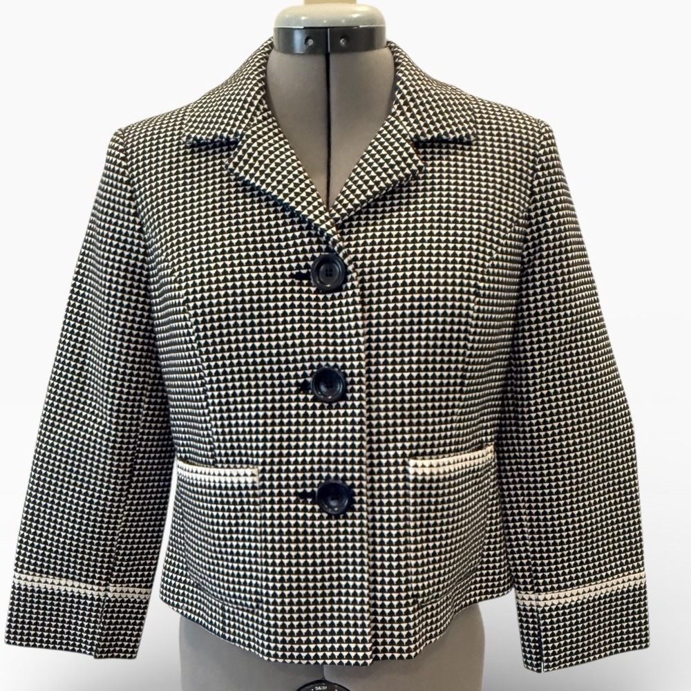 Liz‎ Claiborne Axcess Black White Geometric Print Blazer Jacket Size 4